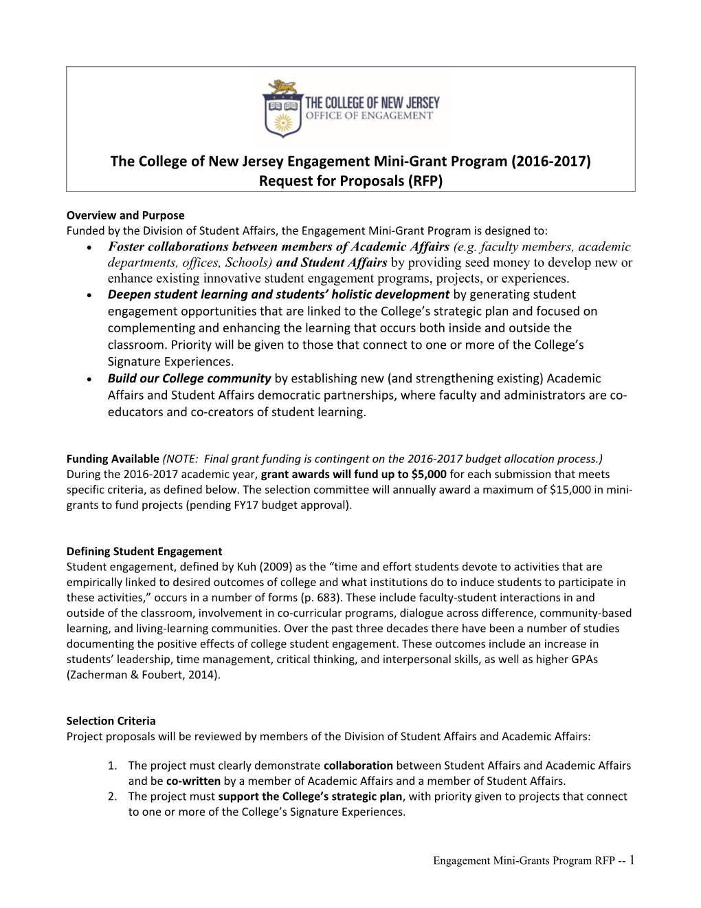 The College of New Jersey Engagement Mini-Grant Program (2016-2017)