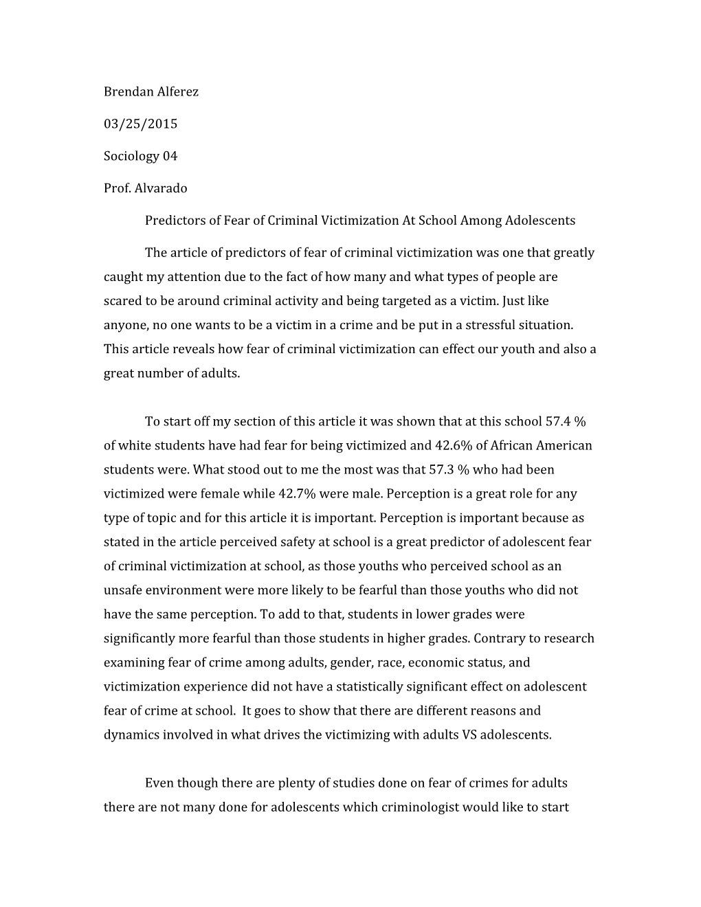 Predictors of Fear of Criminal Victimization at School Among Adolescents