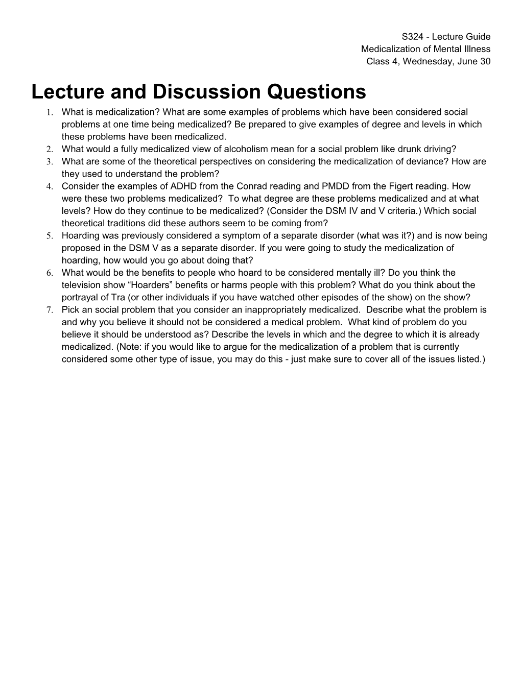 Lecture and Discussion Questions
