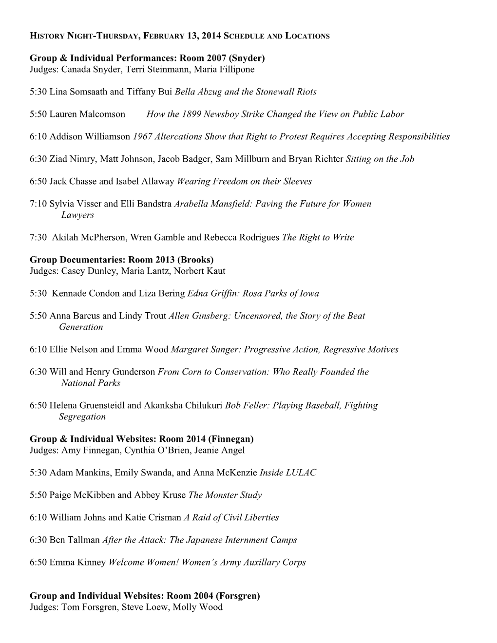 History Night-Thursday, March 8, 2012 Schedule and Locations