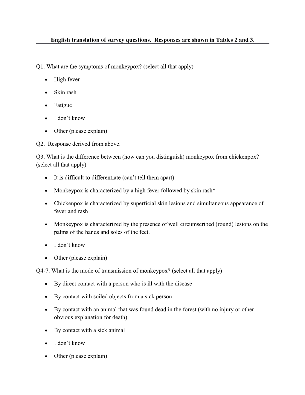 English Translation of Survey Questions. Responses Are Shown in Tables 2 and 3