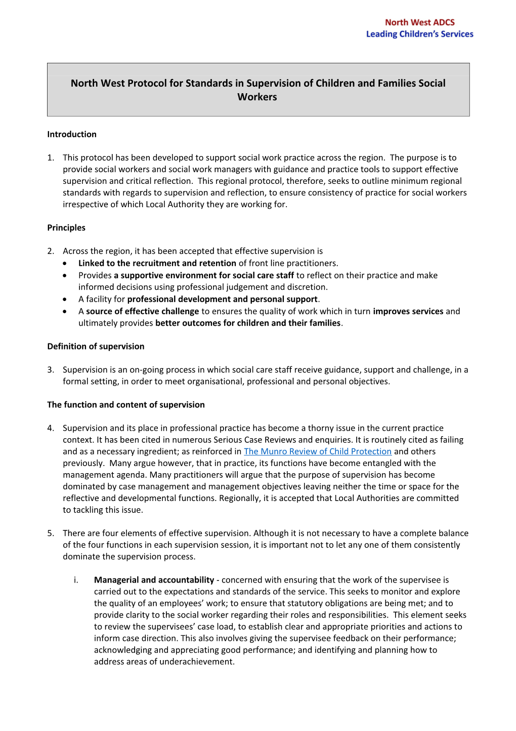 North West Protocol for Standards in Supervision of Children and Families Social Workers