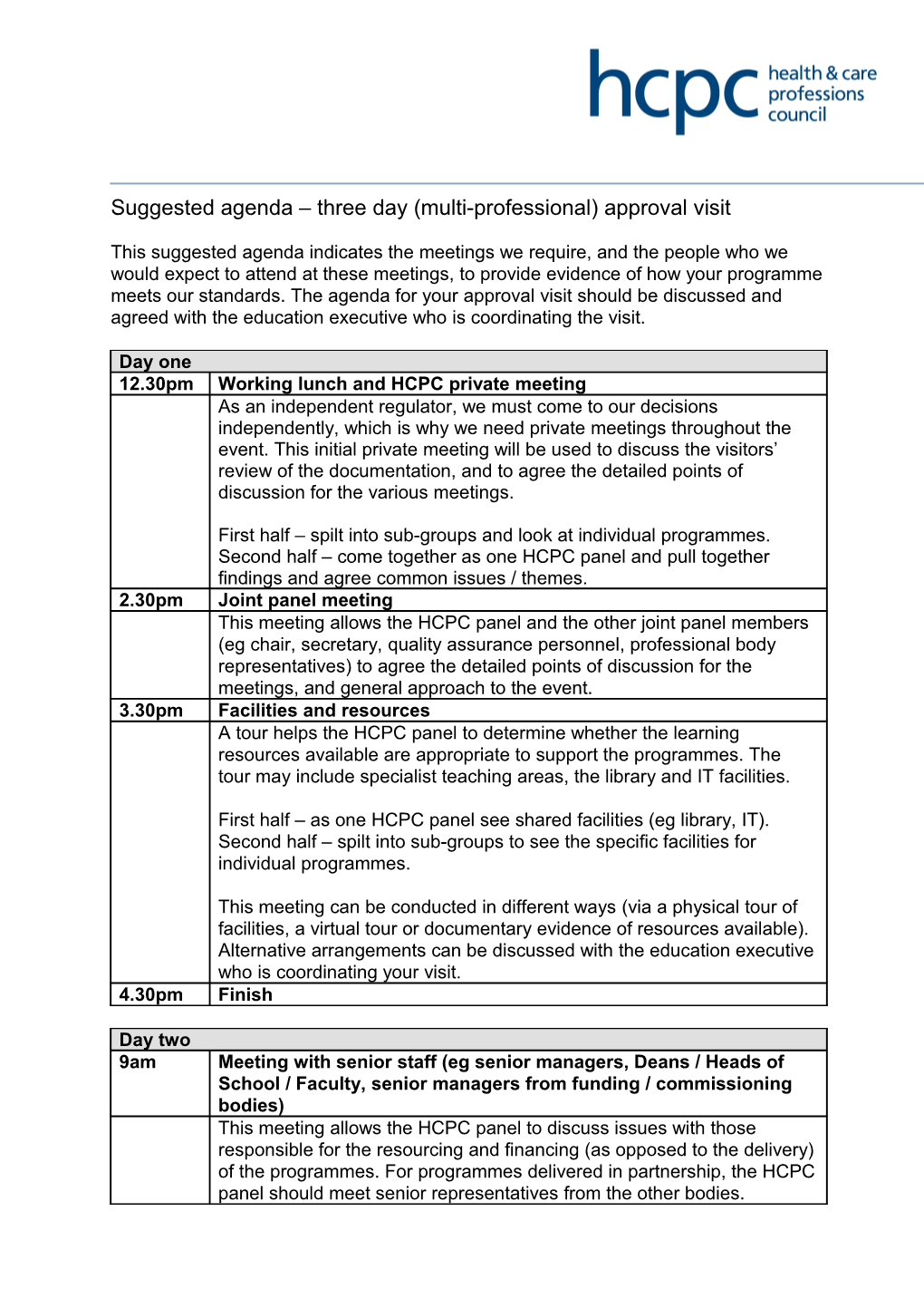 Suggested Agenda Three Day (Multi-Professional) Approval Visit