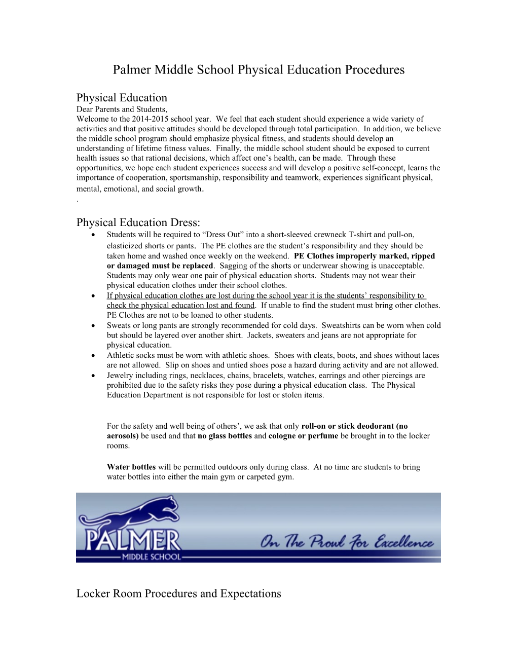 Palmer Middle School Physical Education Letter
