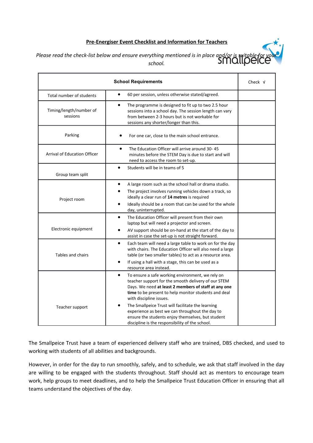 Pre-Energiser Event Checklist and Information for Teachers