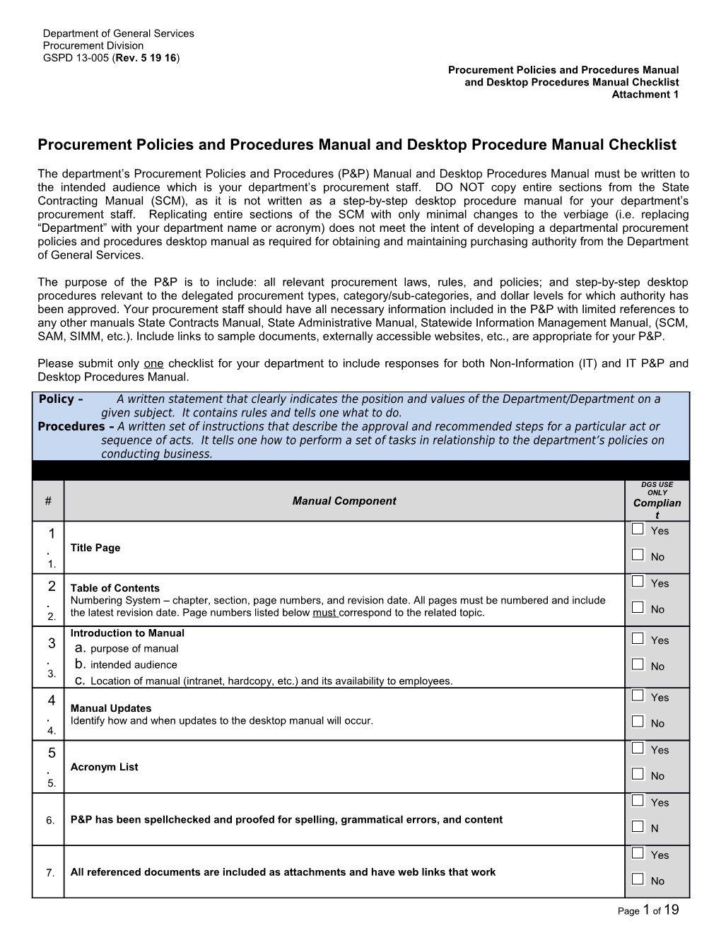Procurement Policies and Procedures Manual and Desktop Procedure Manual Checklist