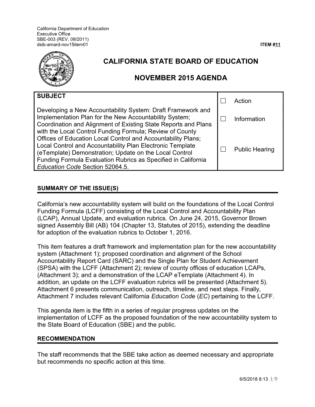 November 2015 Agenda Item 11 - Meeting Agendas (CA State Board of Education)