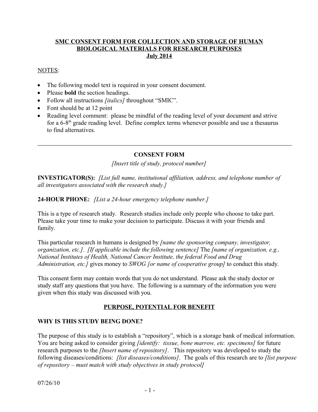 Smc Consent Form for Collection and Storage of Human Biological Materials for Research Purposes
