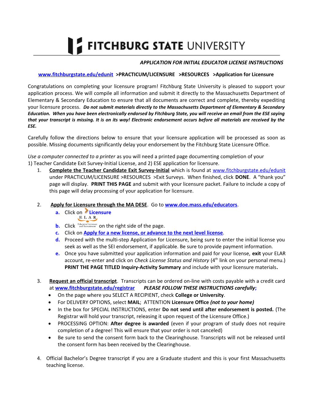 Undergraduate Licensure Application Instructions
