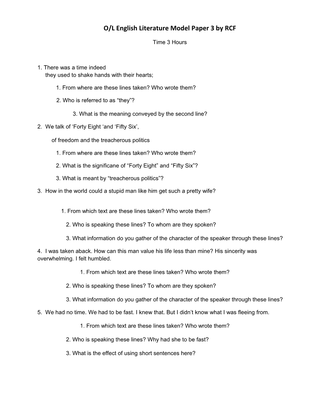 O/L English Literature Model Paper 3 by RCF