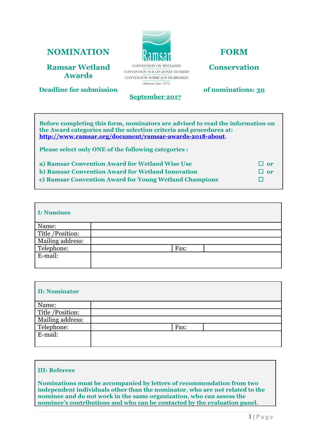 Application Form for Ramsar Award