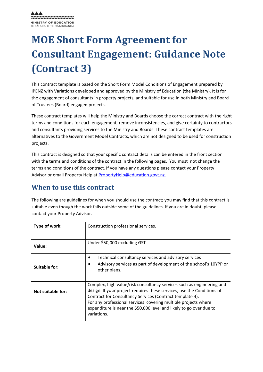 MOE Short Form Agreement for Consultant Engagement: Guidance Note Contract 3