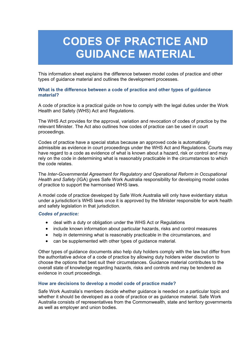 Code of Practice and Guidance Material Fact Sheet