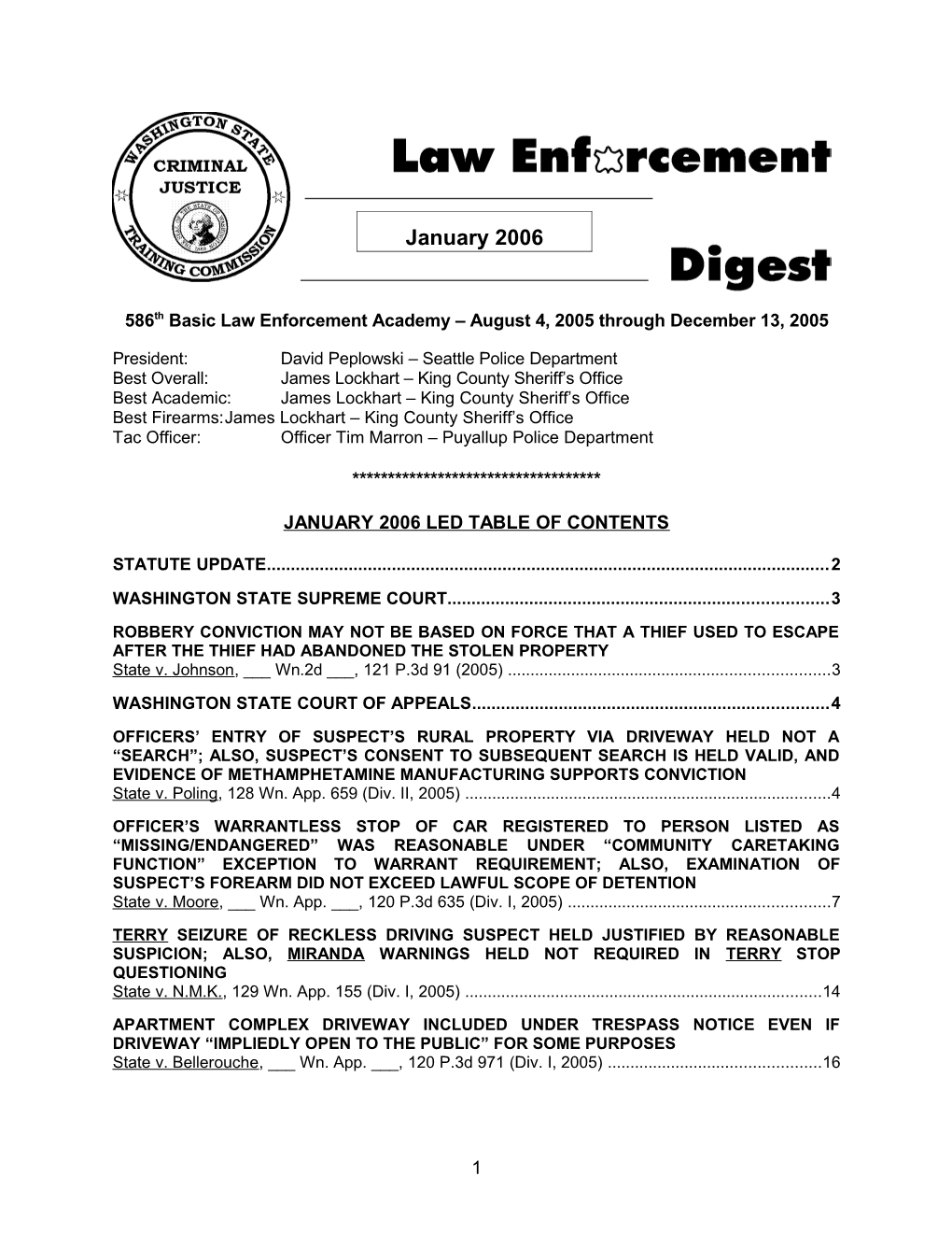 586Th Basic Law Enforcement Academy August 4, 2005 Through December 13, 2005