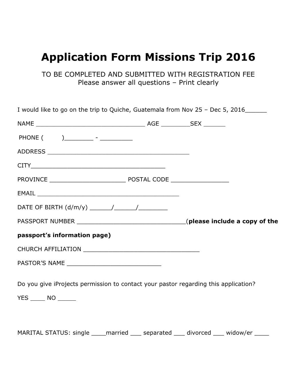 Application Form Missions Trip 2004