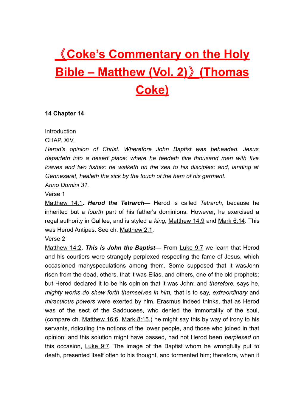 Coke S Commentary on the Holy Bible Matthew (Vol. 2) (Thomas Coke)