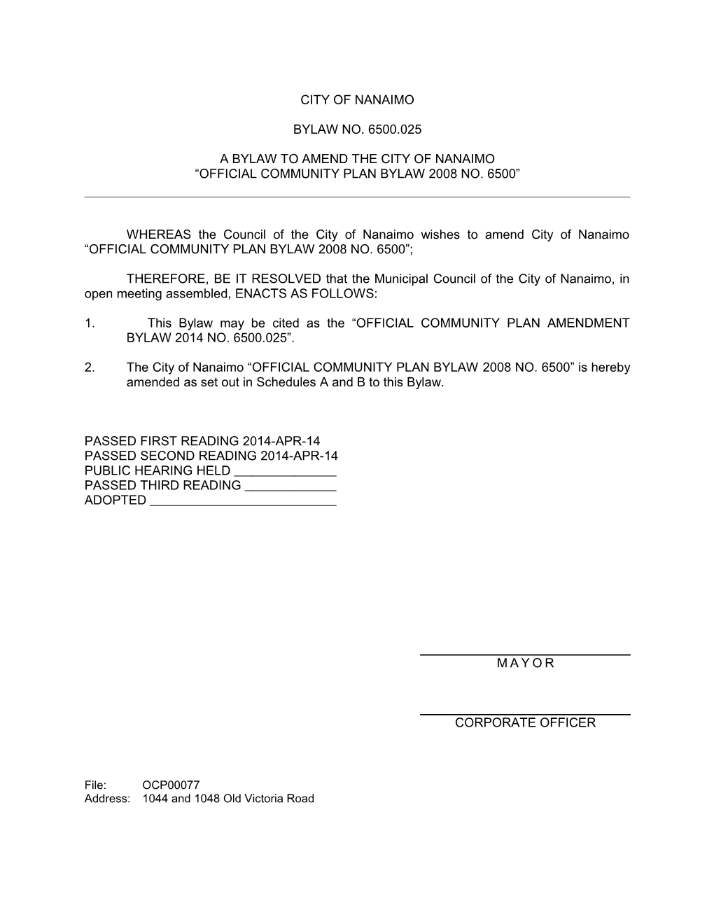 Official Community Plan Amendment Bylaw 2014 No. 6500.025 - OCP77 - 1044 & 1048 Old Victoria