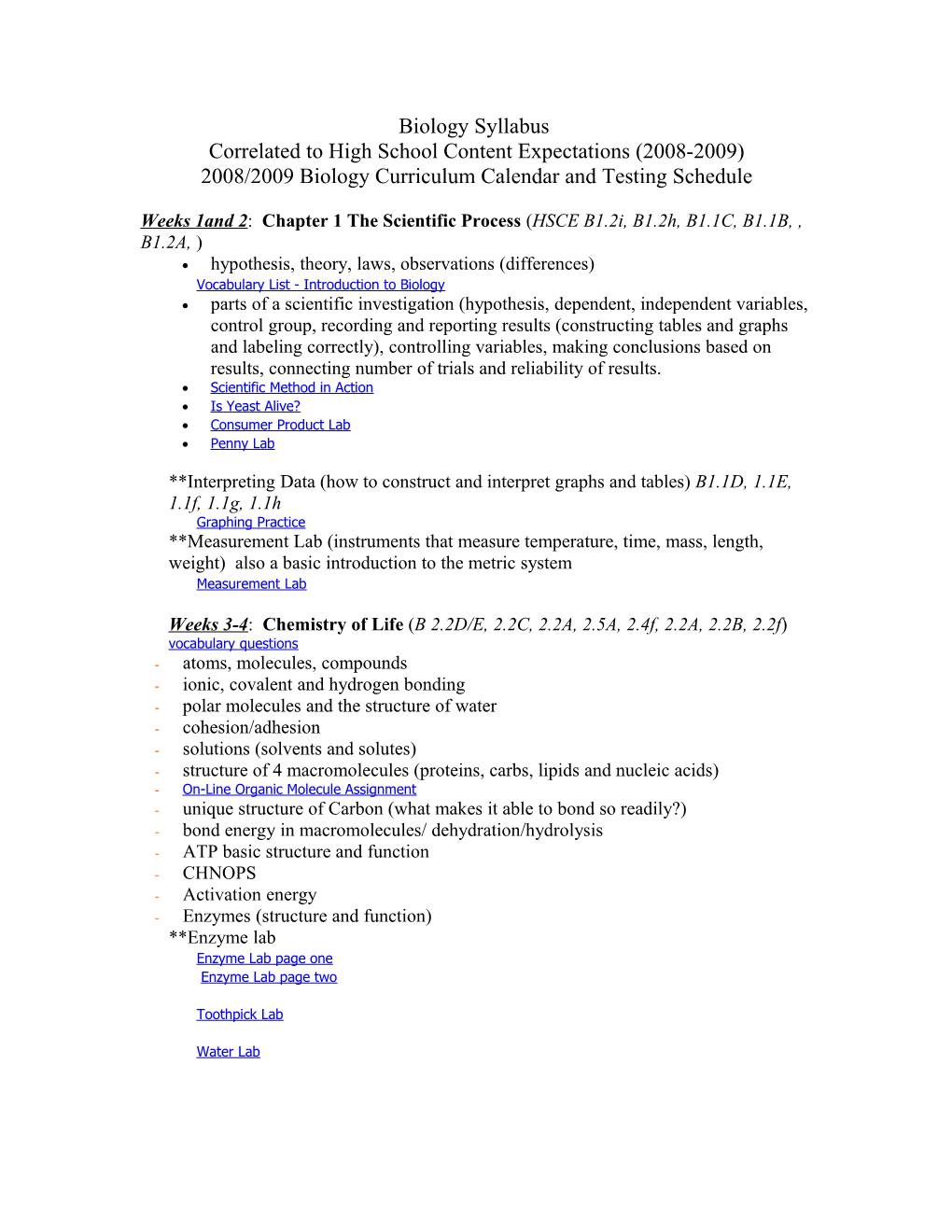 2007/2008 Biology Curriculum Calendar and Testing Schedule