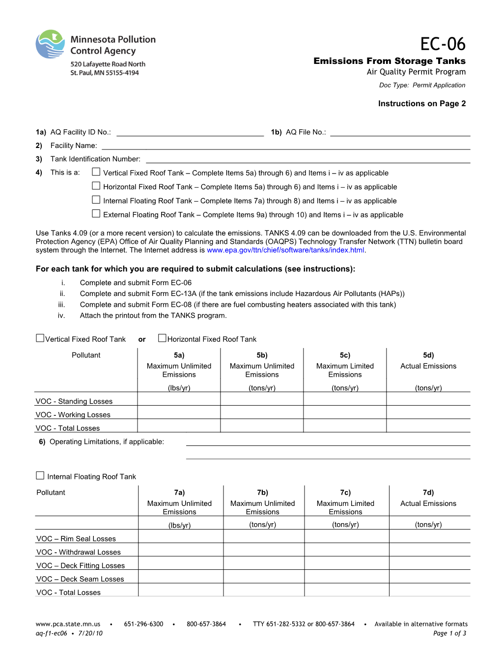 EC-06 Emissions from Storage Tanks - Air Quality Permit Program - Form