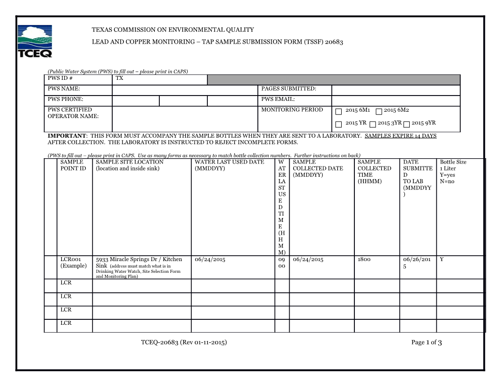 Lead and Copper Monitoring Tap Sample Submission Form (Tssf) 20683