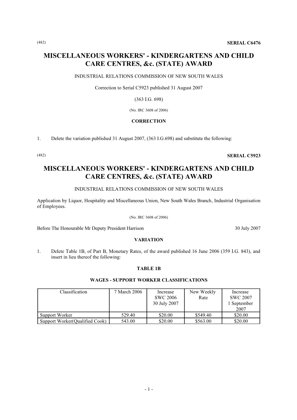 Miscellaneous Workers' - Kindergartens and Child Care Centres, &C. (State) Award