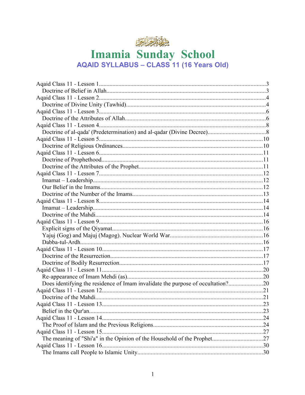 AQAID SYLLABUS CLASS 11 (16 Years Old)