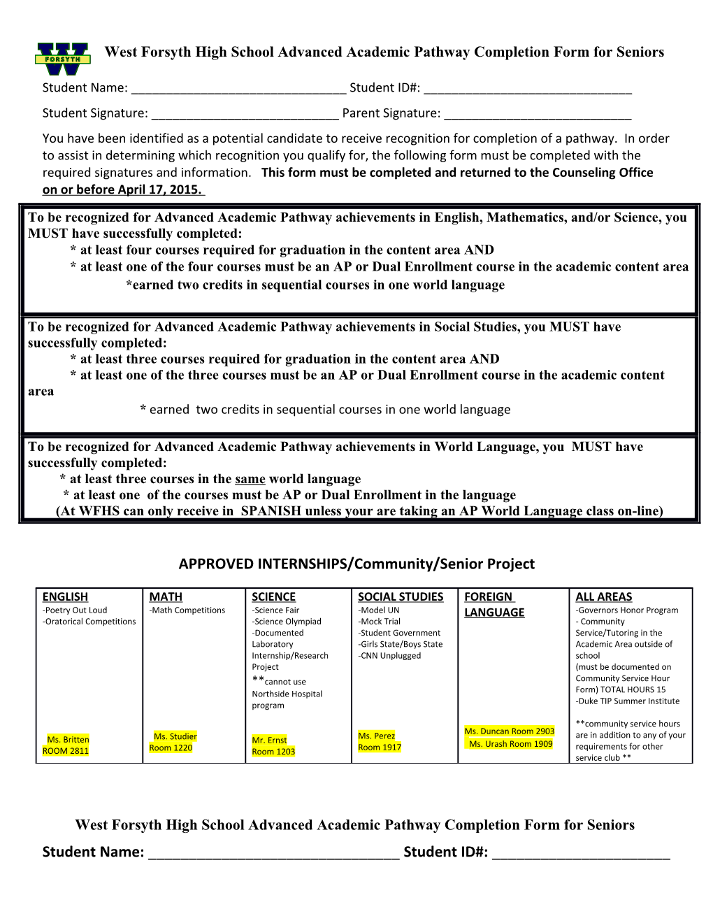 West Forsyth High School Advanced Academic Pathway Completion Form for Seniors