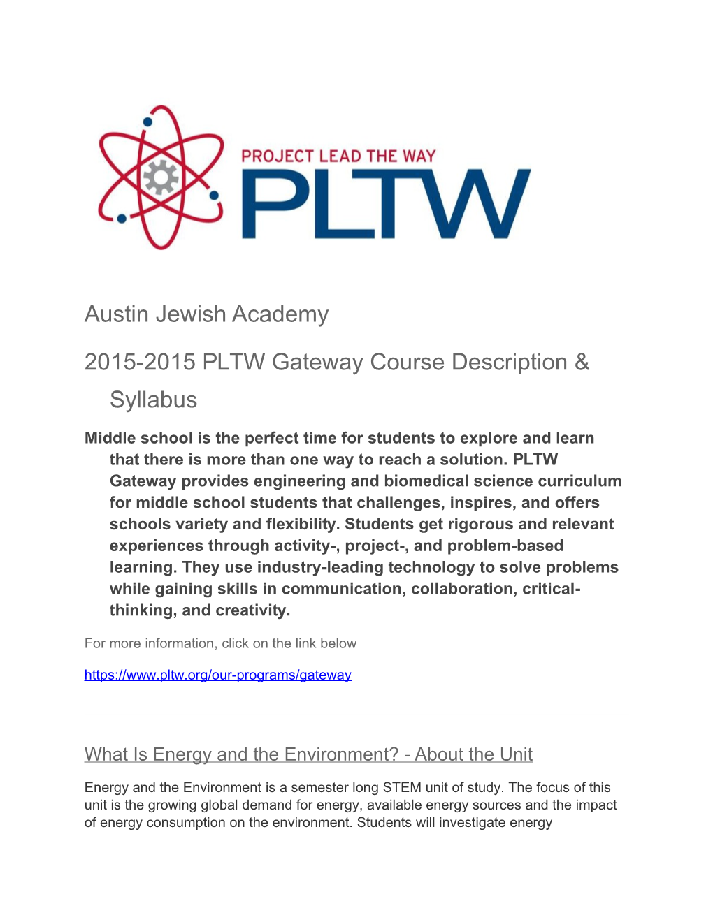 2015-2015 PLTW Gateway Course Description & Syllabus