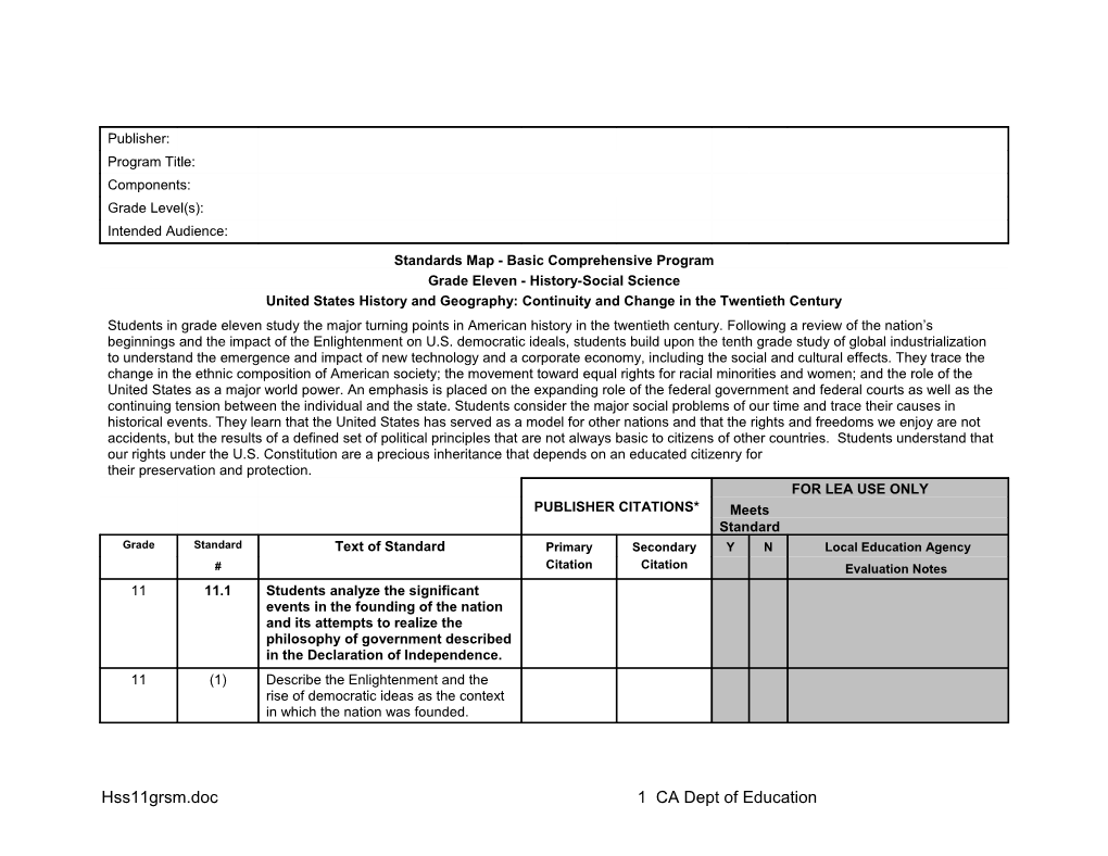 HSS Standards Map Grade 11 - Instructional Resources (CA Dept of Education)