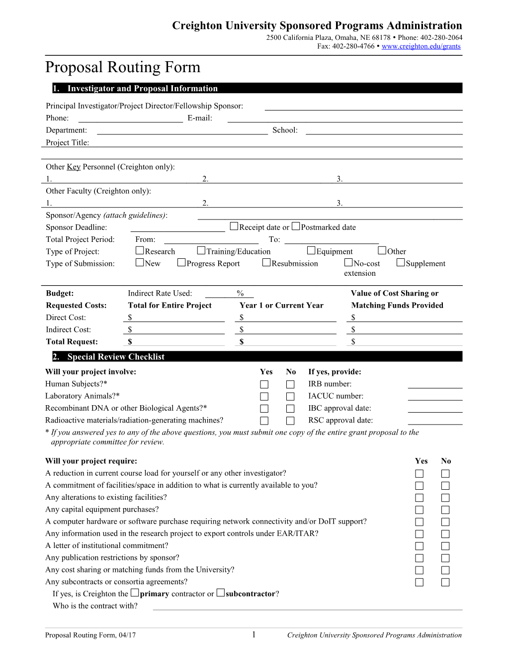Proposal Routing Form