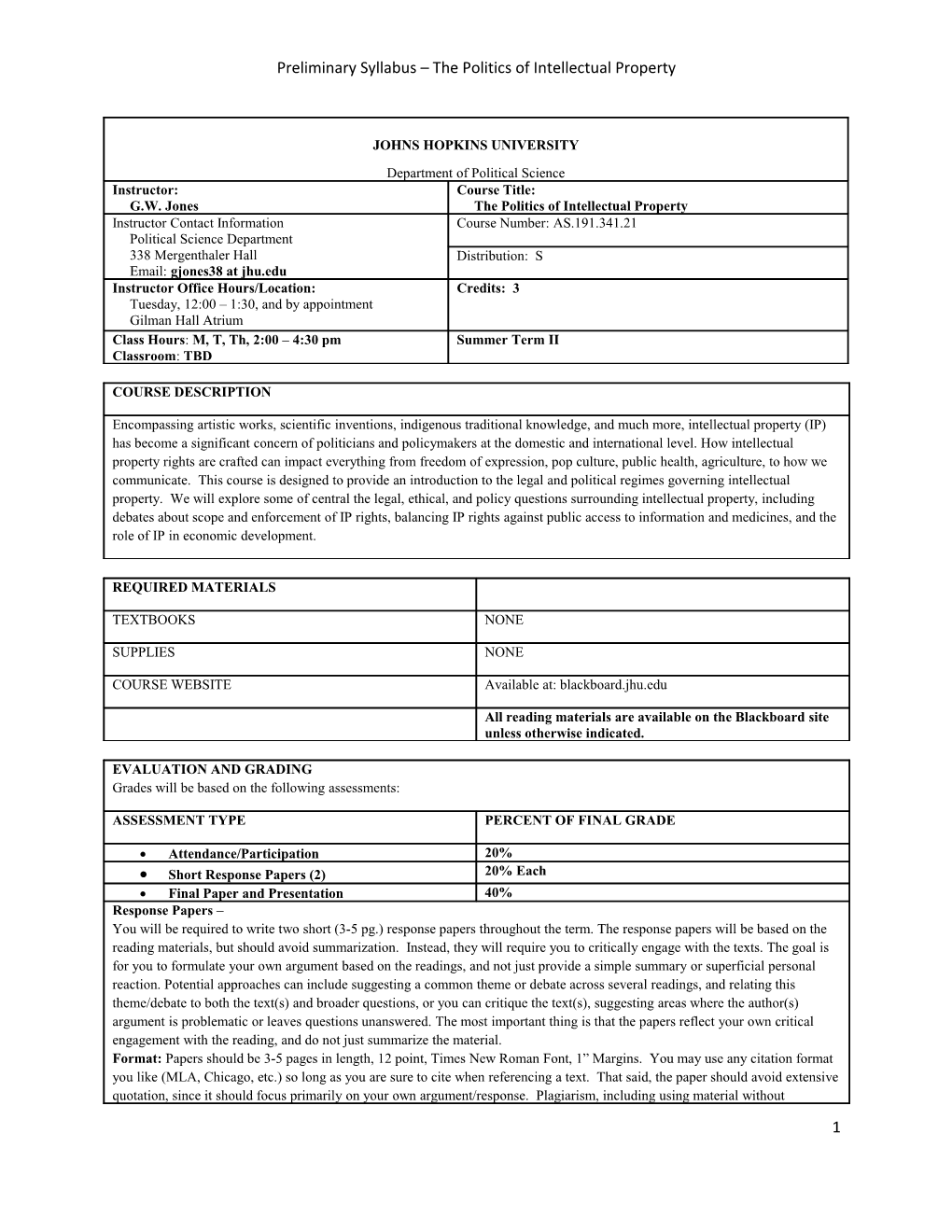 Preliminary Syllabus the Politics of Intellectual Property