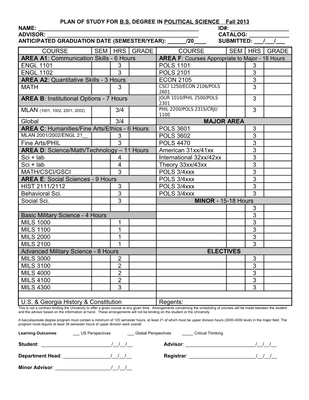 PLAN of STUDY for B.S. DEGREE in POLITICAL SCIENCE Fall 2013