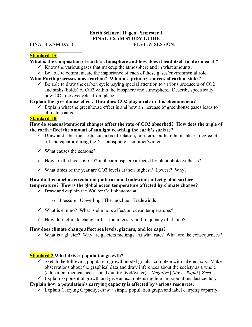 Earth Science Hagen Semester 1