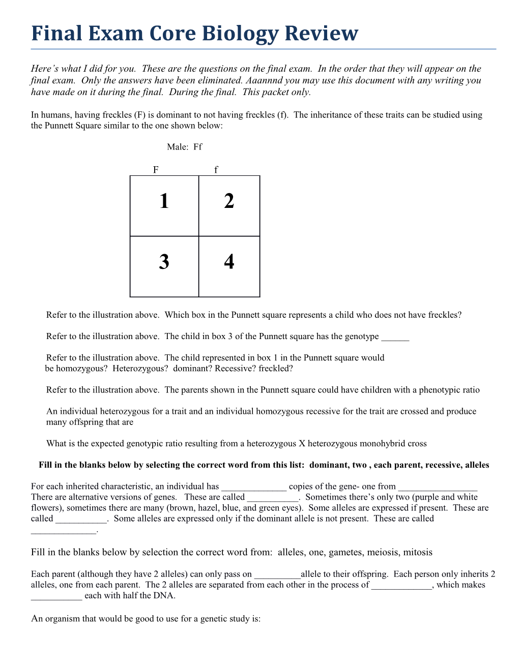 Final Exam Core Biology Review