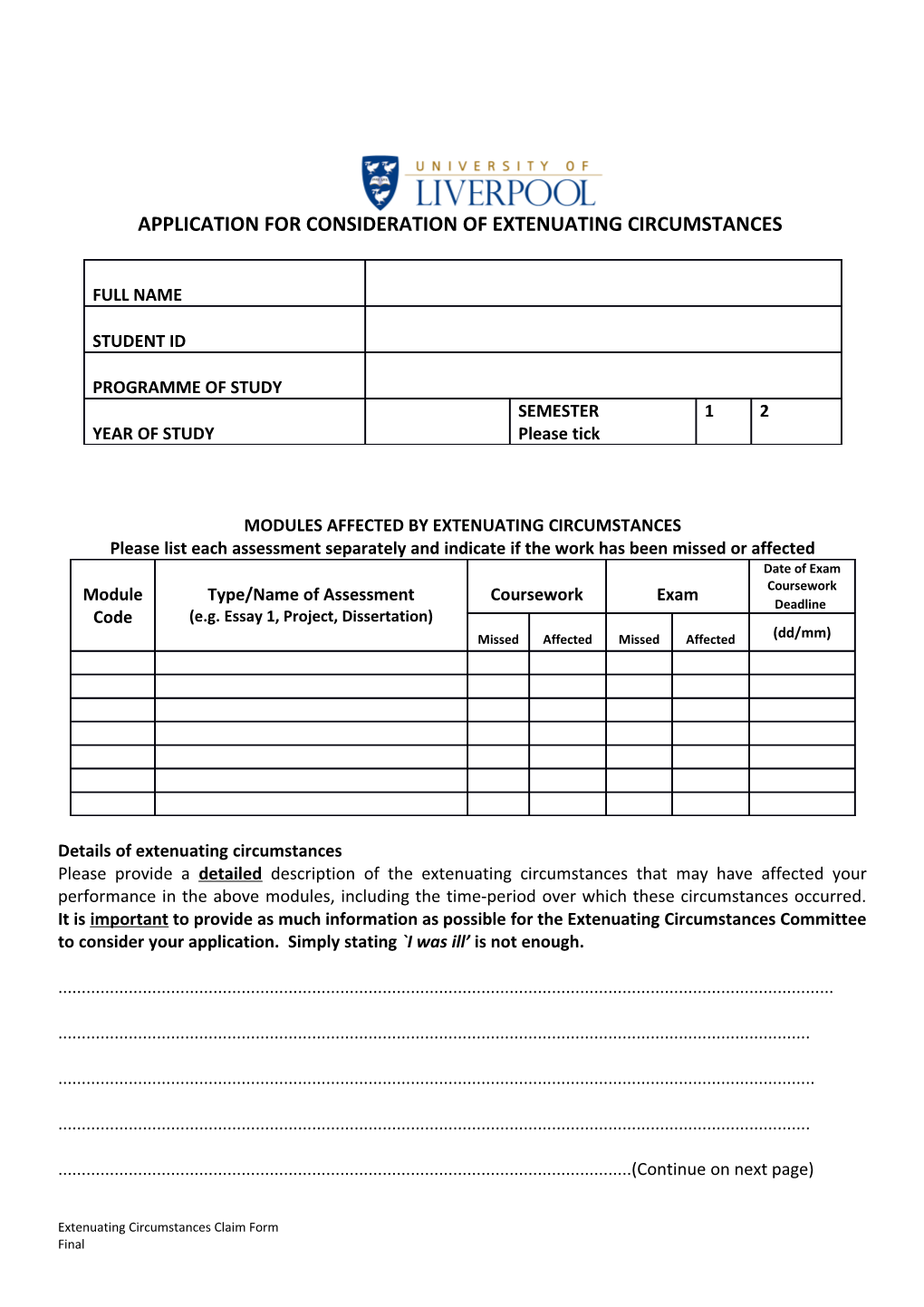 Application for Consideration of Extenuating Circumstances