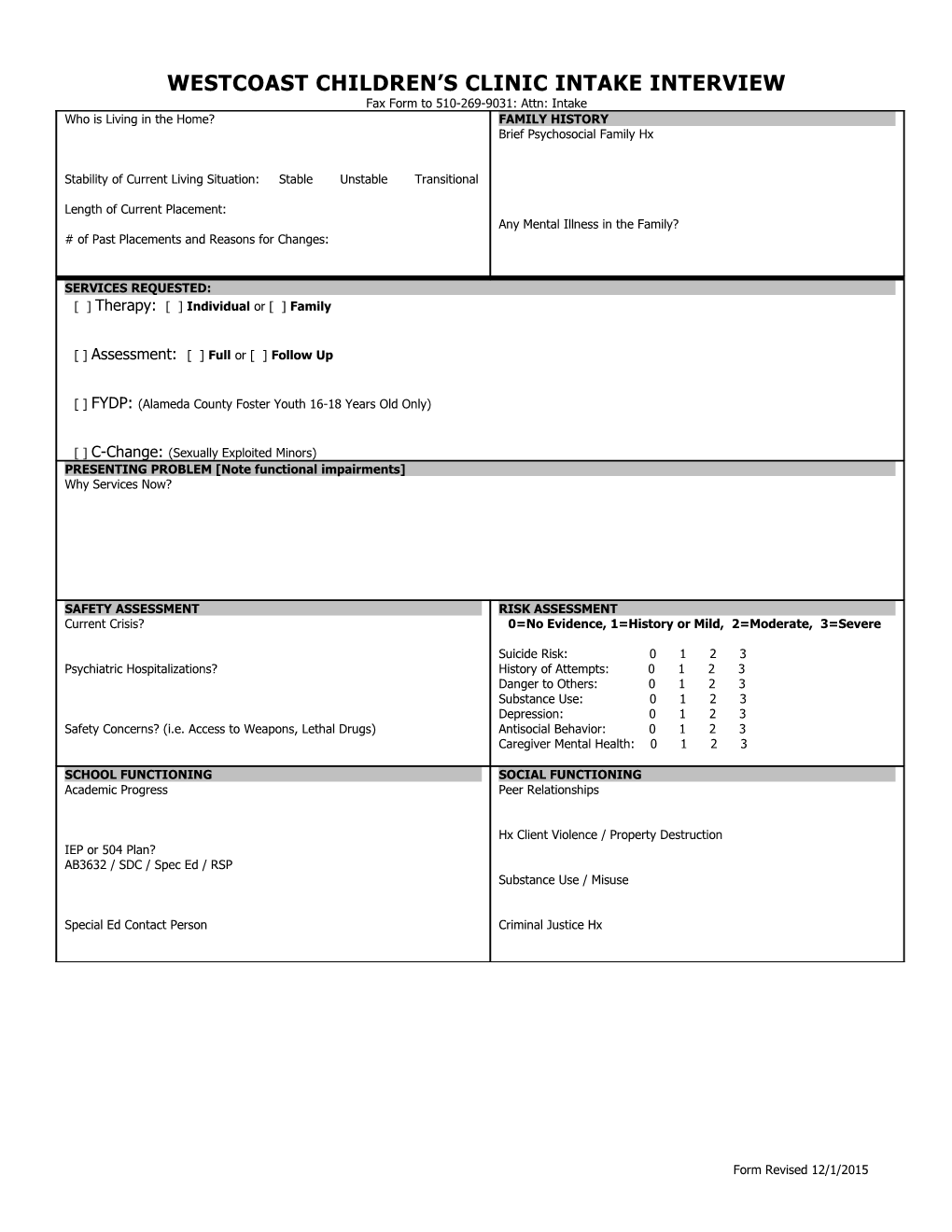 Westcoast Children S Clinic Intake Interview