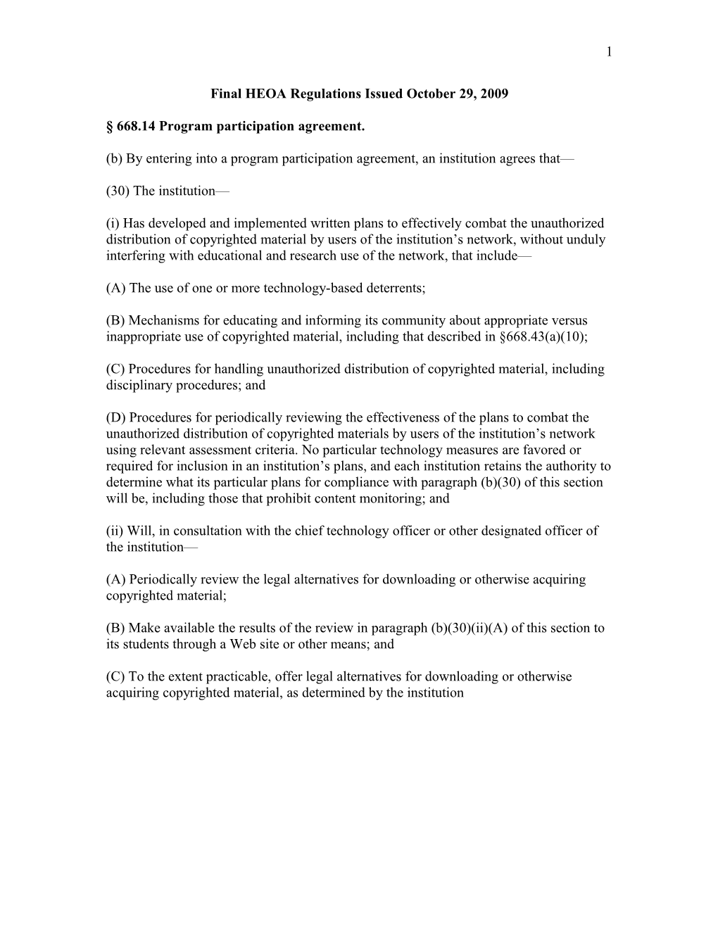 Final HEOA Regulations Issued October 29, 2009