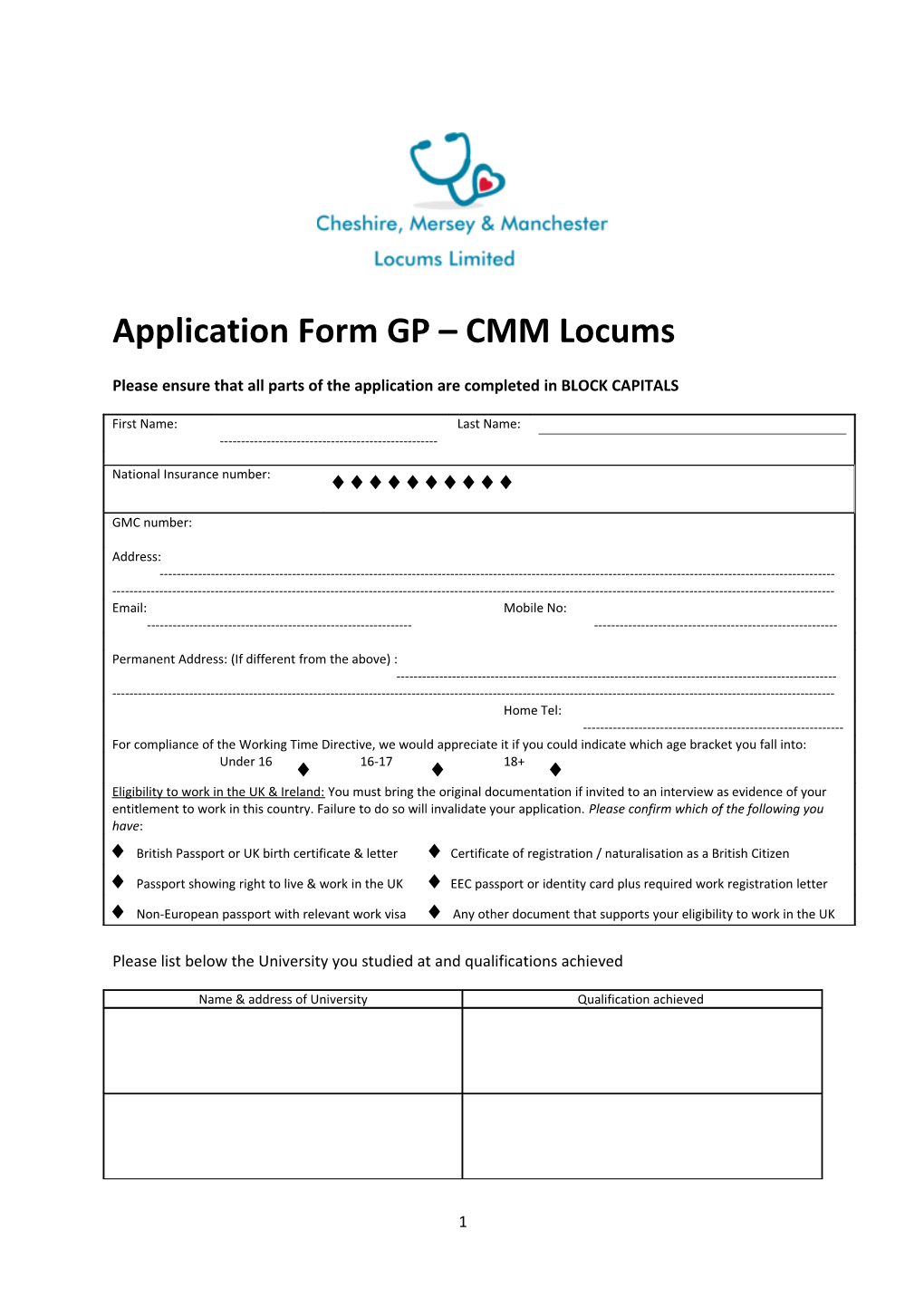 Application Form GP CMM Locums