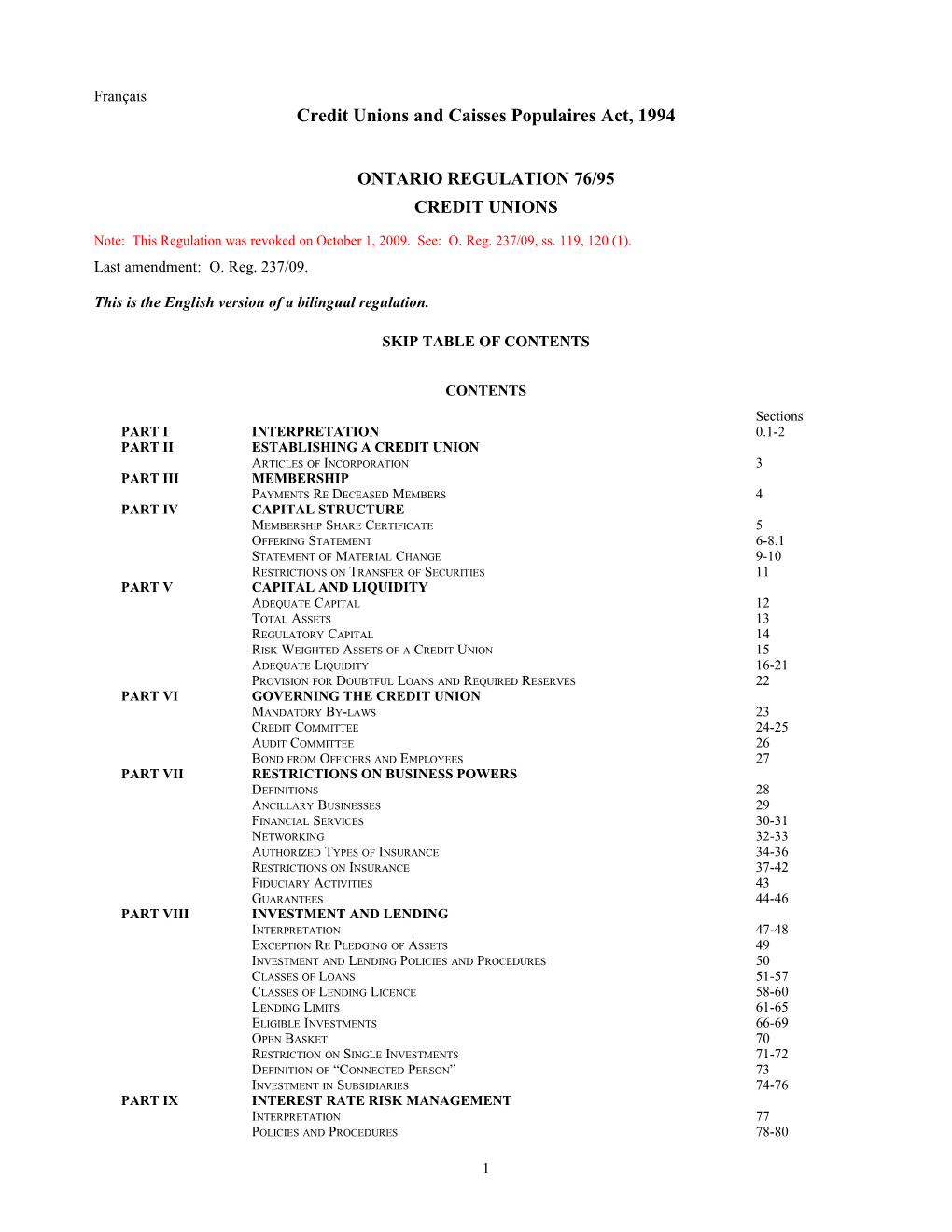 Credit Unions and Caisses Populaires Act, 1994 - O. Reg. 76/95