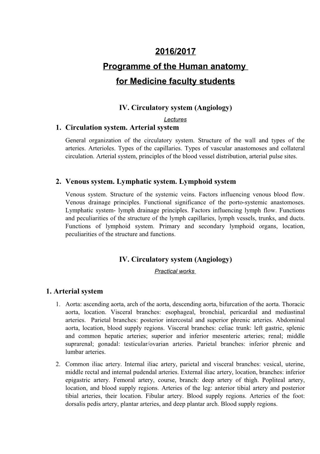 Programme of the Human Anatomy