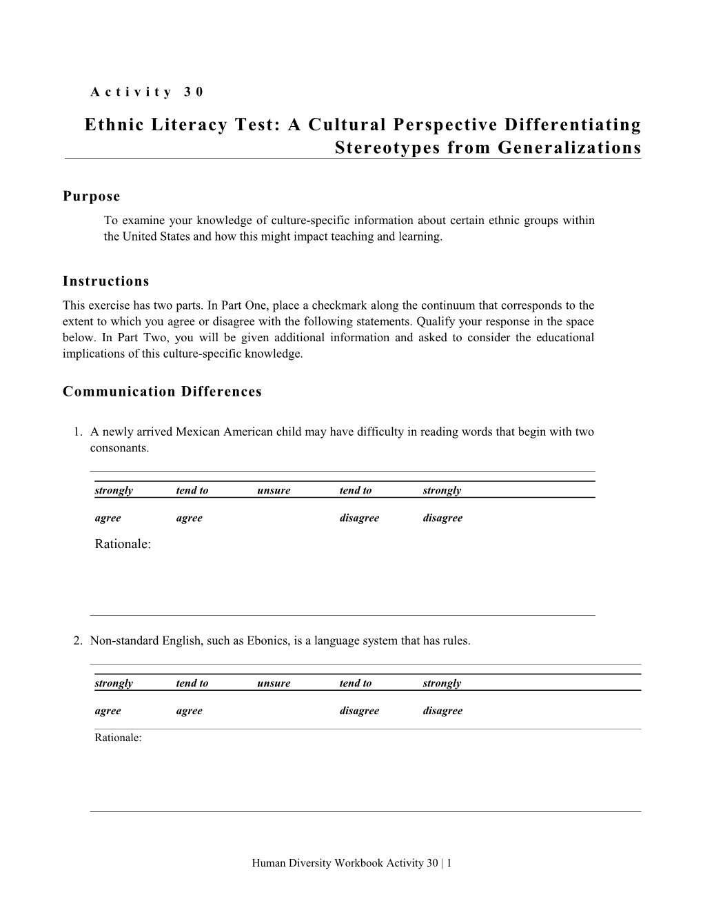 Ethnic Literacy Test: a Cultural Perspective Differentiating Stereotypes from Generalizations
