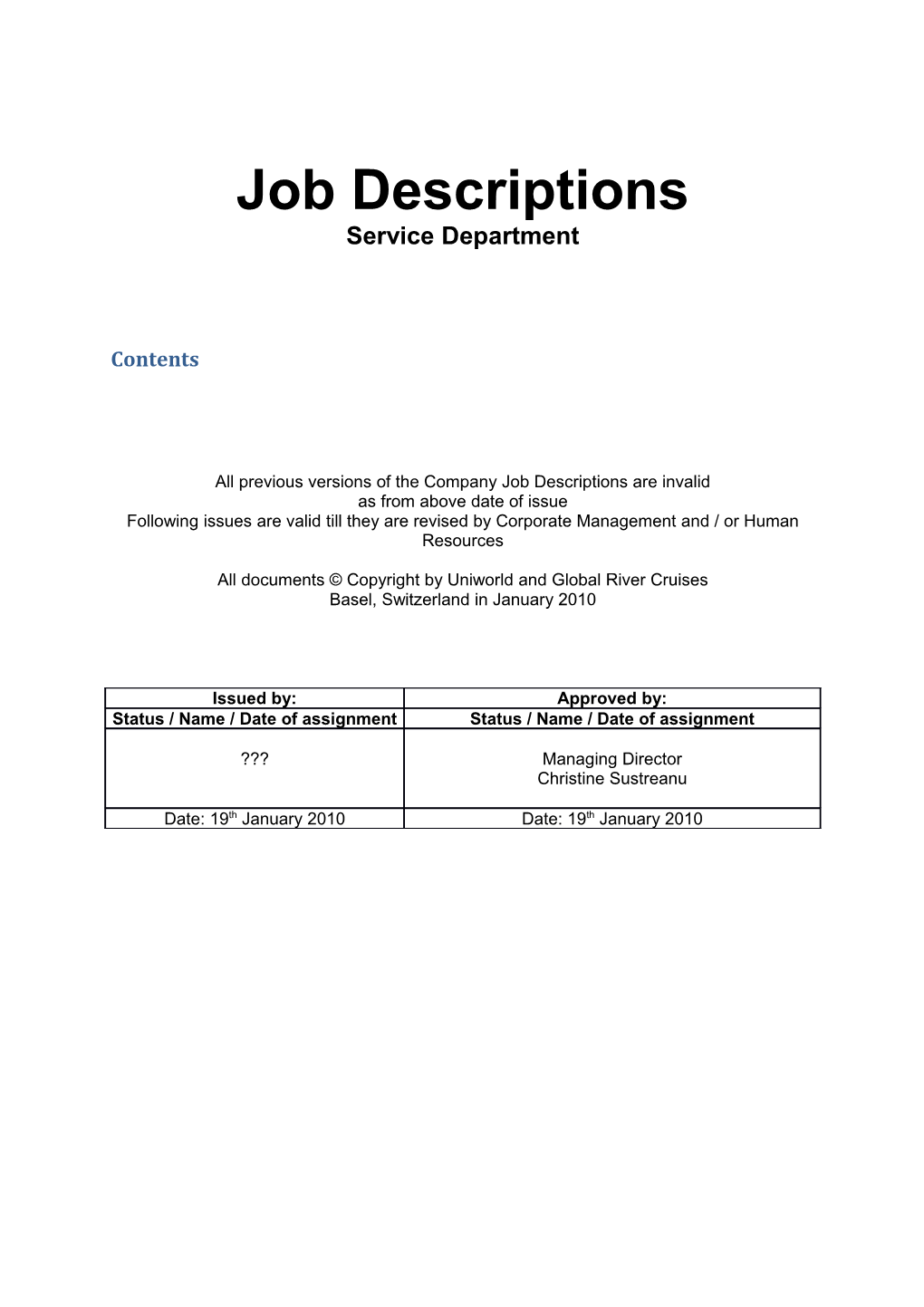 Job Descriptions Galley Department