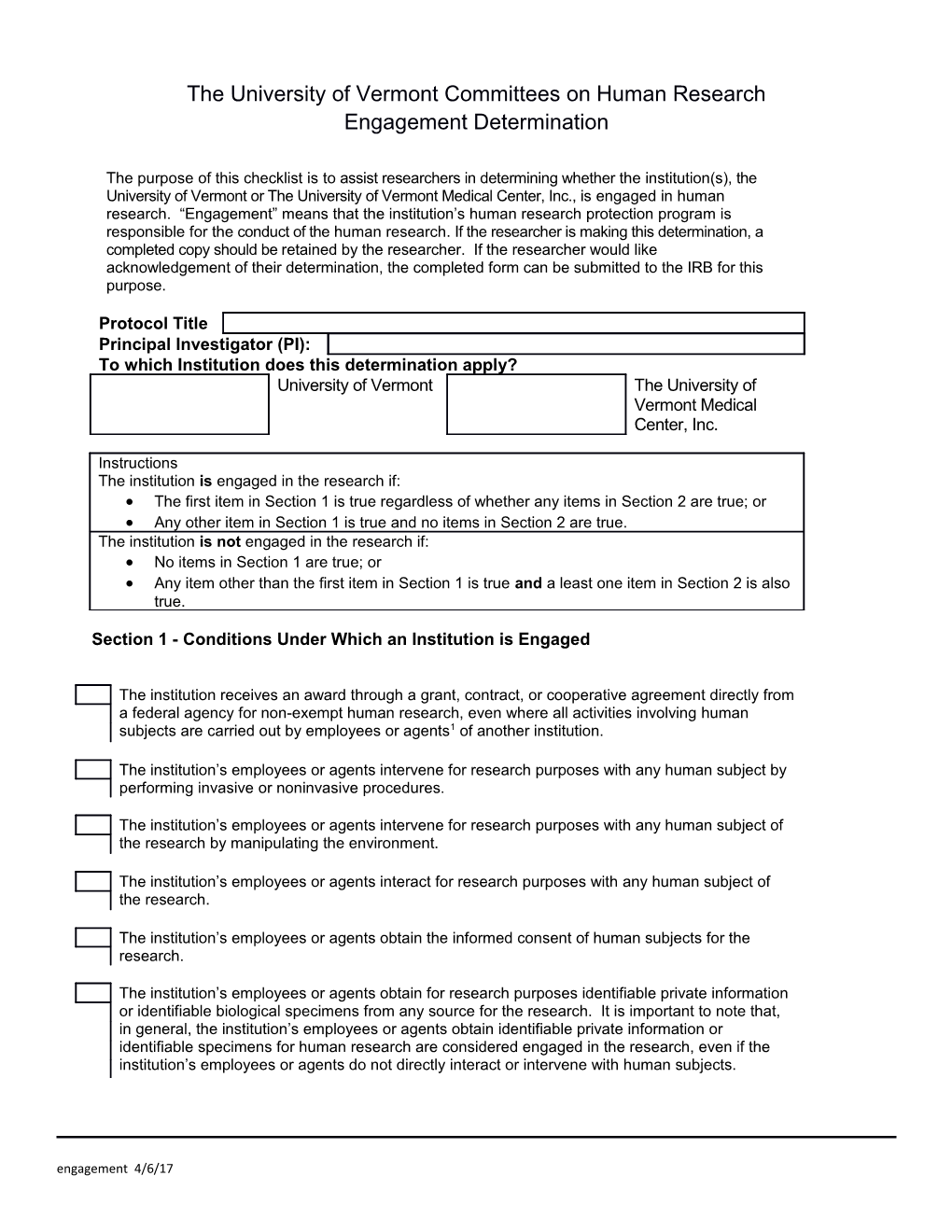 The University of Vermont Committees on Human Research