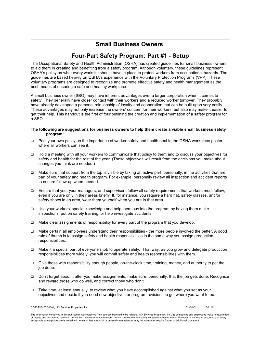 Small Business Owners - Four-Part Safety Program: Part #1 - Setup