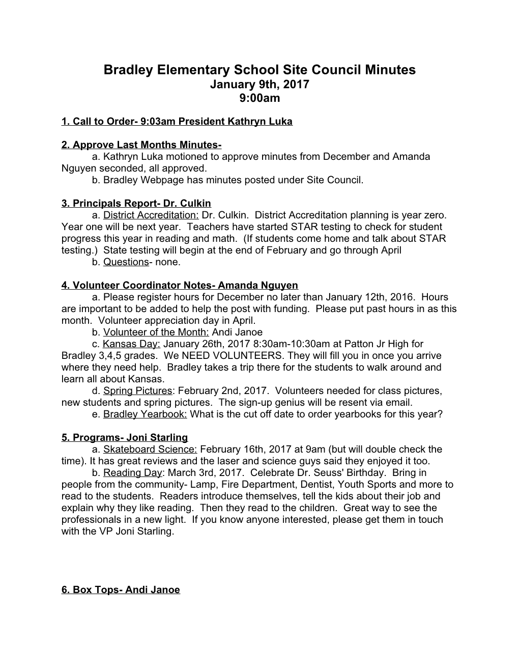 Bradley Elementary School Site Council Minutes