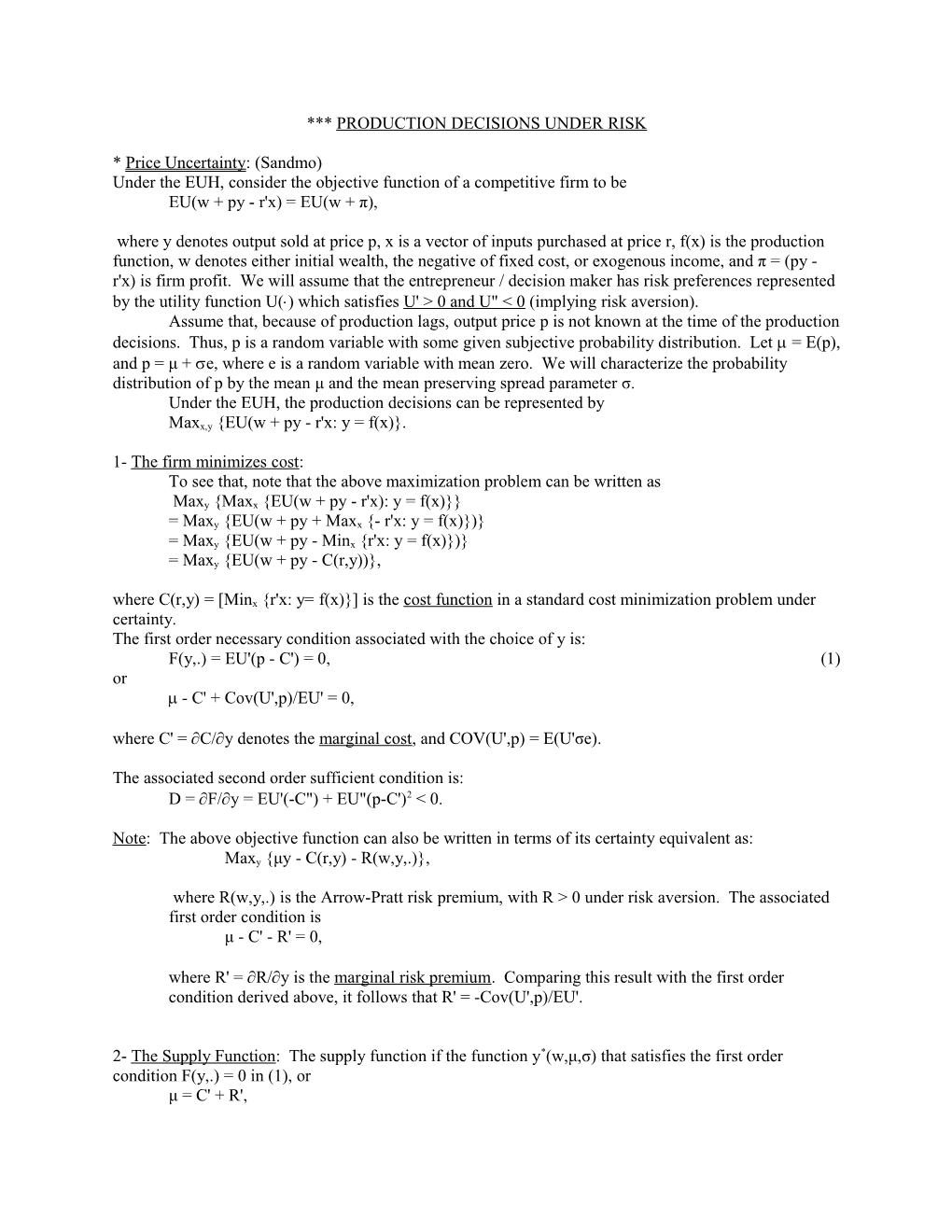 Under the EUH, Consider the Objective Function of a Competitive Firm to Be