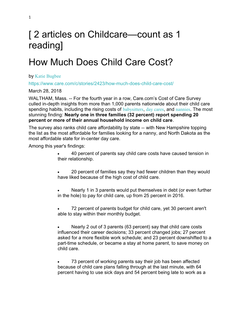 2 Articles on Childcare Count As 1 Reading