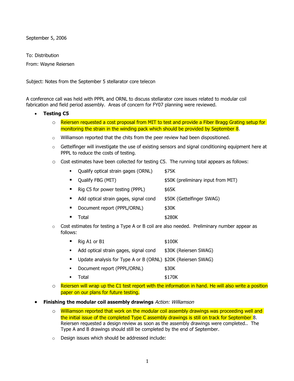 Subject: Notes from the September 5 Stellarator Core Telecon