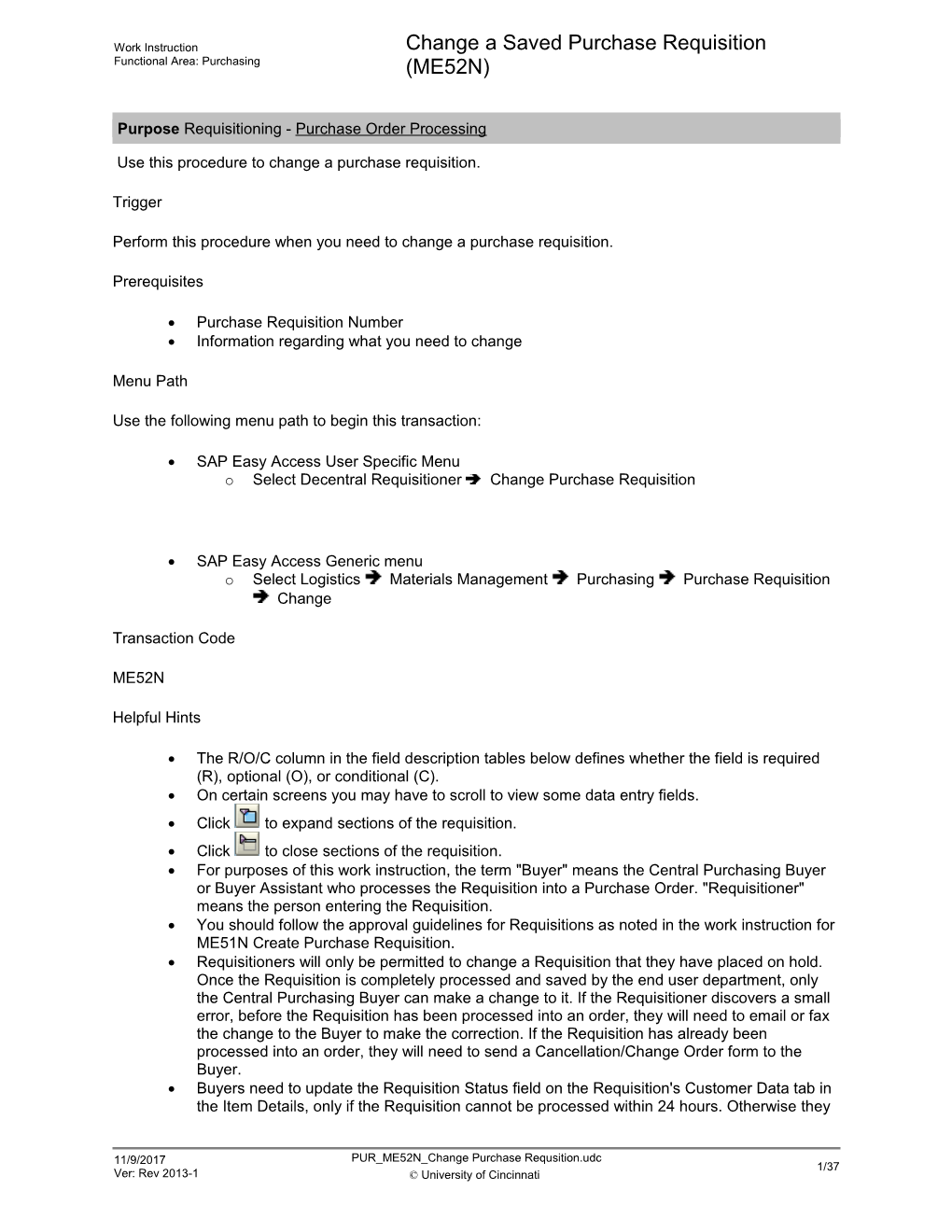 Change a Saved Purchase Requisition (ME52N)