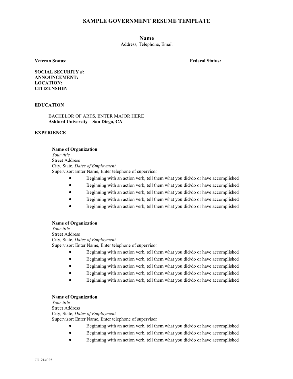 Sample Government Resume Template